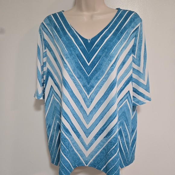 Chico's Size 2 (L) Aqua Blue Stripe Short Sleeve‎ V-Neck Relaxed Tunic Top - Picture 1 of 7